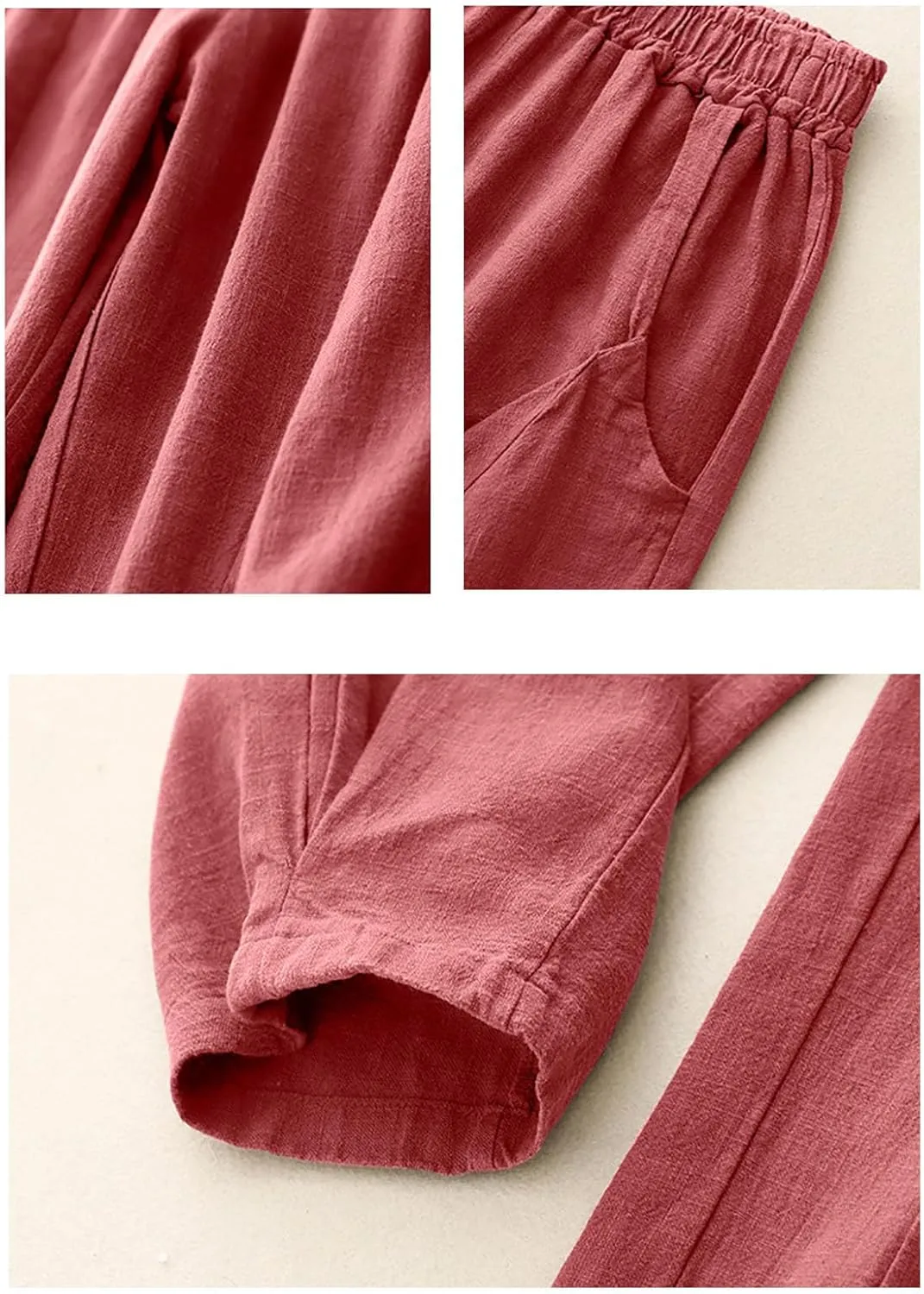 Womens Summer Cotton Linen Palazzo Pants Casual High Waisted Drawstring Wide Leg Long Lounge Trousers with Pockets
