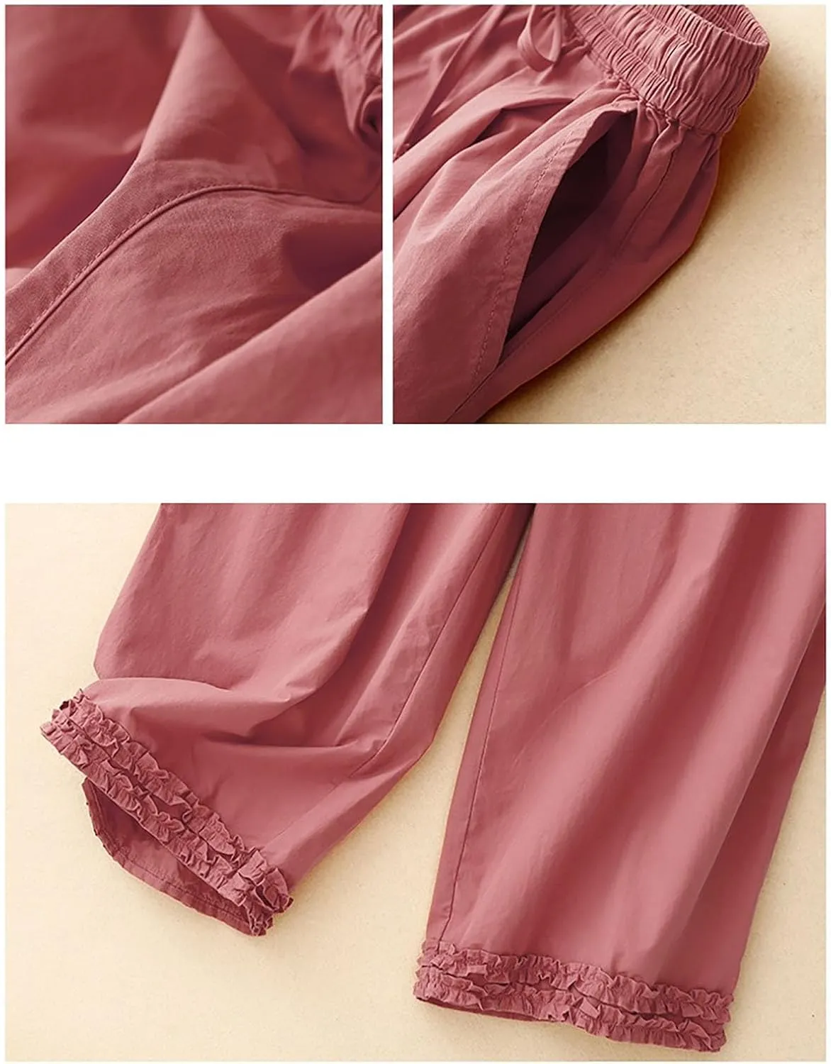 Womens Summer Cotton Linen Palazzo Pants Casual High Waisted Drawstring Wide Leg Long Lounge Trousers with Pockets