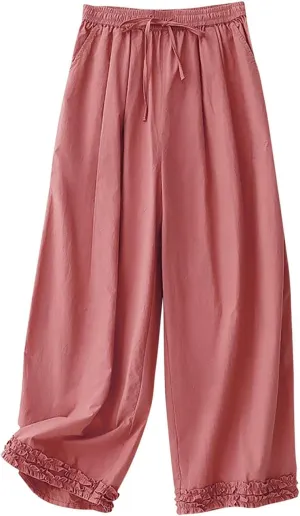 Womens Summer Cotton Linen Palazzo Pants Casual High Waisted Drawstring Wide Leg Long Lounge Trousers with Pockets