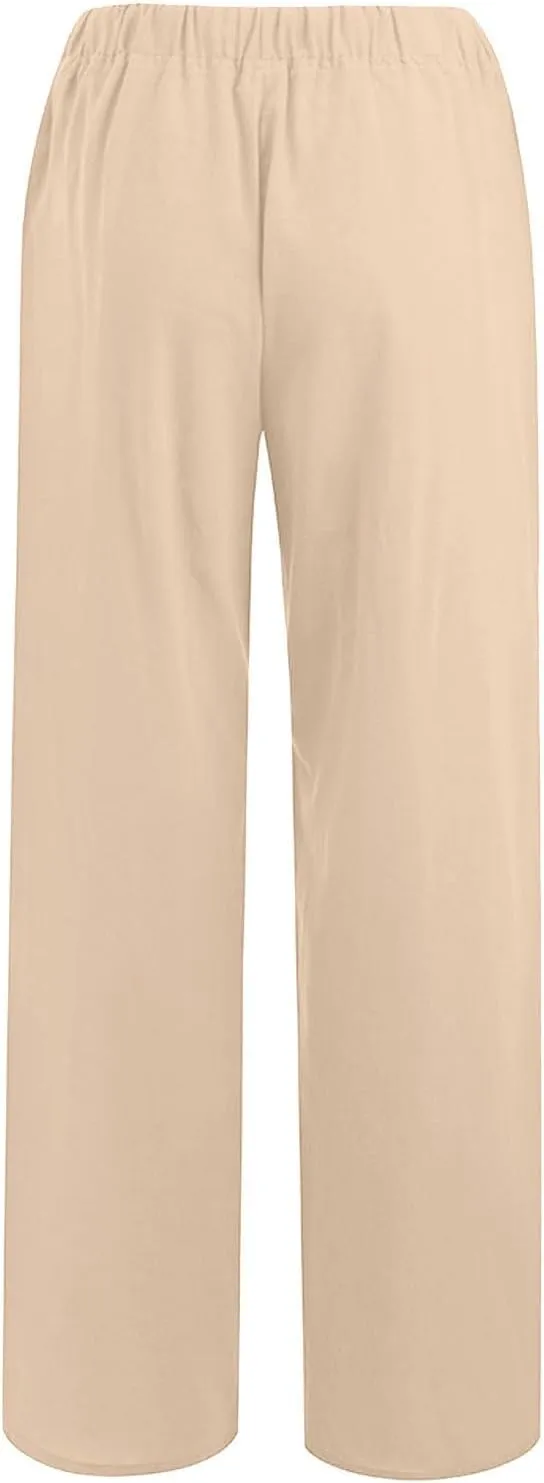 Women's Summer Drawstring Waist Wide Leg Loose Cotton Linen Palazzo Pants Lightweight Straight-Leg Casual Beach Pant