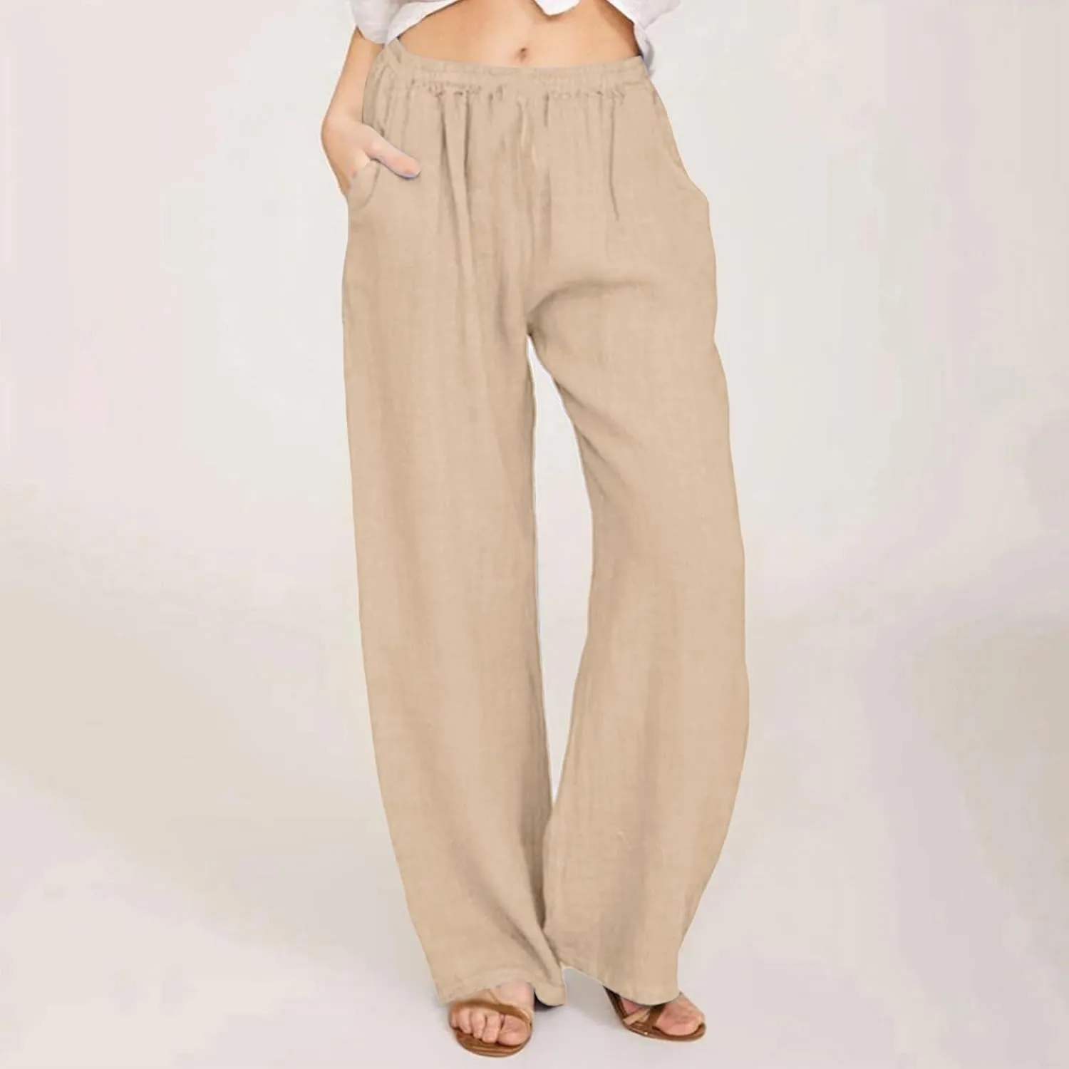 Women's Summer Drawstring Waist Wide Leg Loose Cotton Linen Palazzo Pants Lightweight Straight-Leg Casual Beach Pant