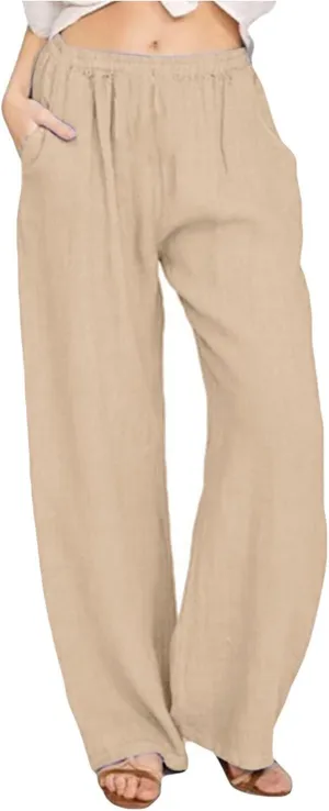 Women's Summer Drawstring Waist Wide Leg Loose Cotton Linen Palazzo Pants Lightweight Straight-Leg Casual Beach Pant