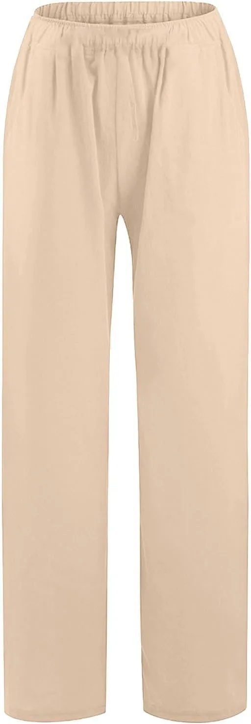 Women's Summer Drawstring Waist Wide Leg Loose Cotton Linen Palazzo Pants Lightweight Straight-Leg Casual Beach Pant