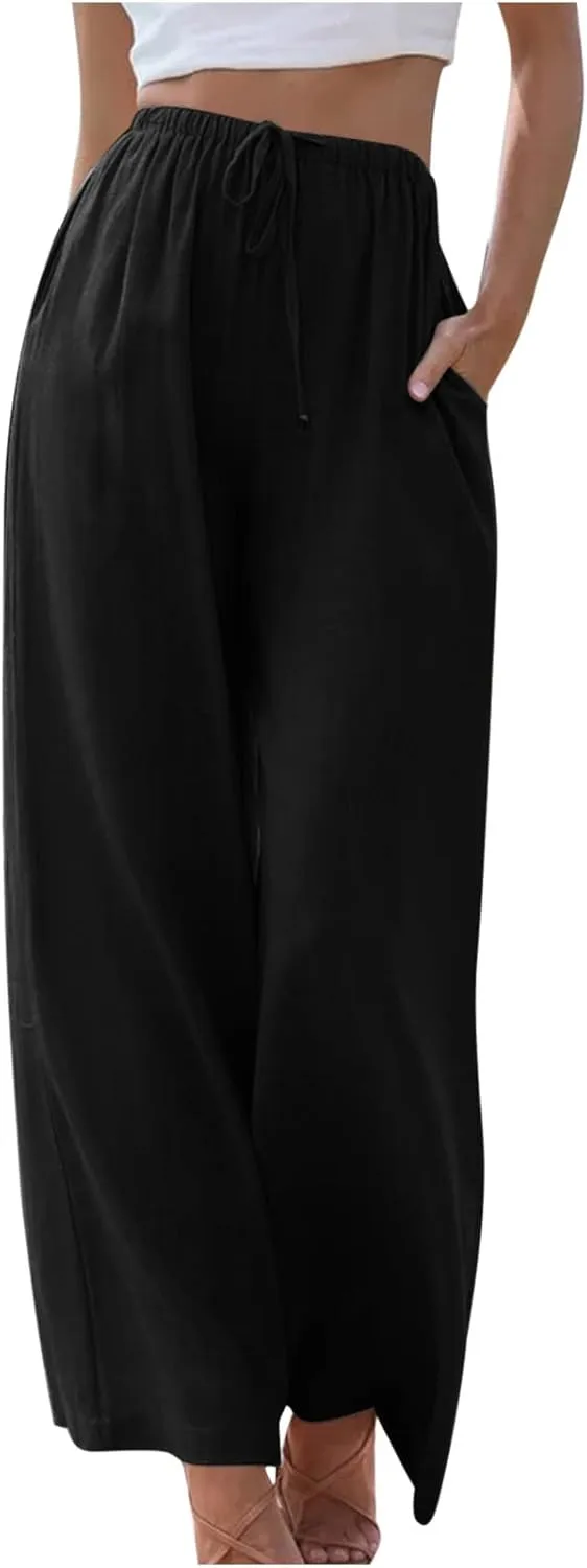 Womens Summer Linen Palazzo Pants Causal Elastic High Waist Flowy Wide Leg Pant Trousers Resort Wear Outfits 2024