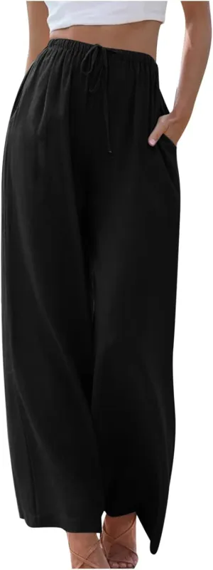 Womens Summer Linen Palazzo Pants Causal Elastic High Waist Flowy Wide Leg Pant Trousers Resort Wear Outfits 2024