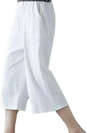Women's Summer Oversized Cotton Linen Cropped Pants  Loose Fit Solid Color Casual Straight Trousers All-Match