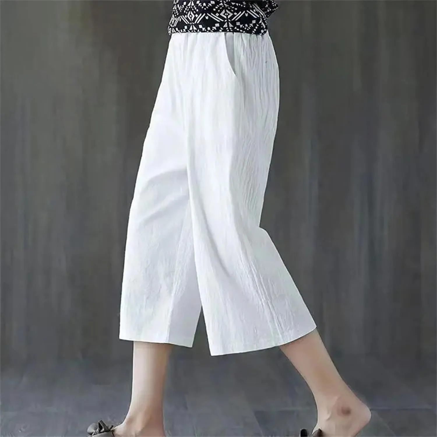 Women's Summer Oversized Cotton Linen Cropped Pants  Loose Fit Solid Color Casual Straight Trousers All-Match