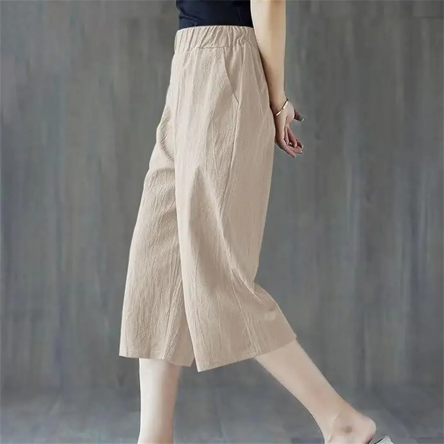 Women's Summer Oversized Cotton Linen Cropped Pants  Loose Fit Solid Color Casual Straight Trousers All-Match