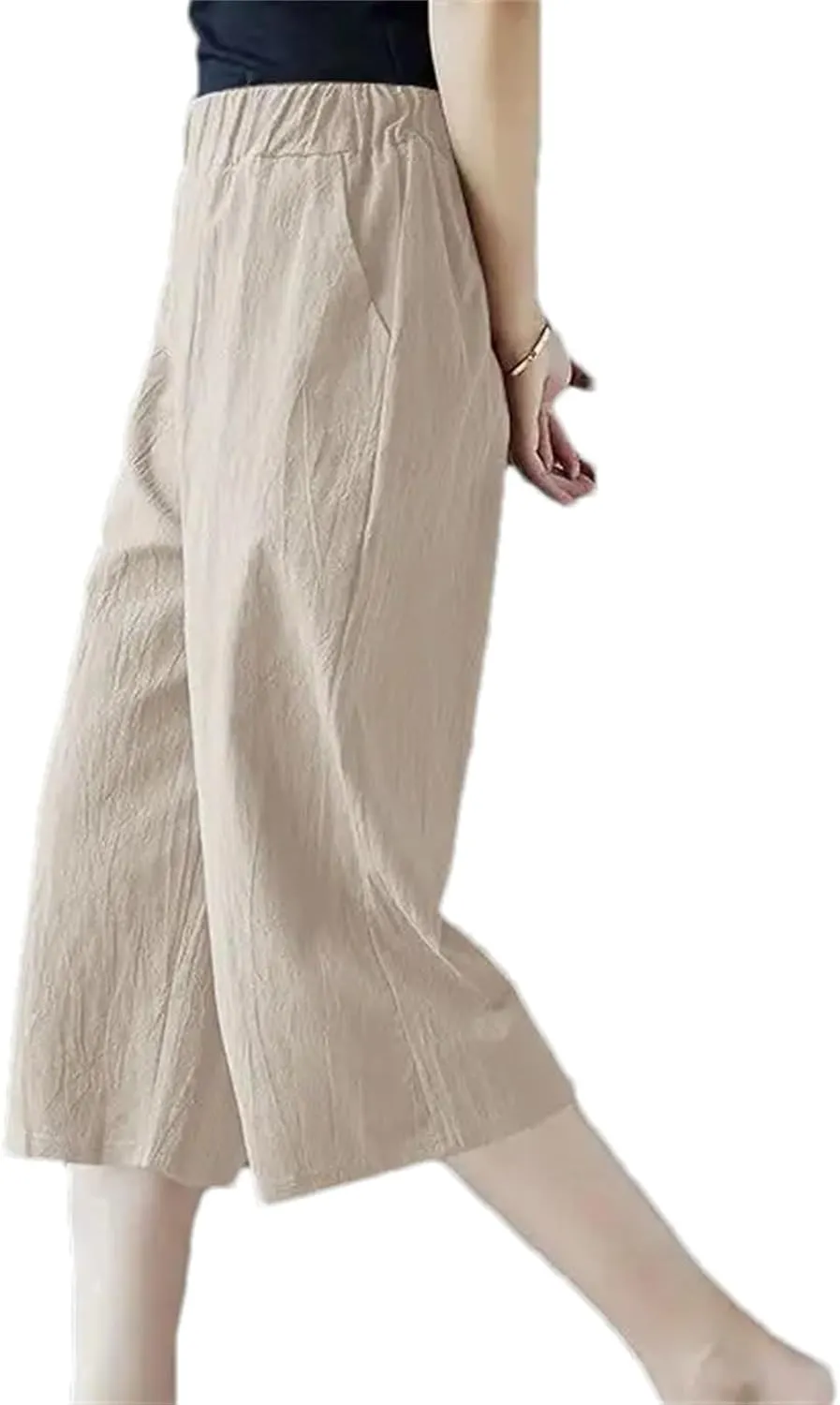 Women's Summer Oversized Cotton Linen Cropped Pants  Loose Fit Solid Color Casual Straight Trousers All-Match
