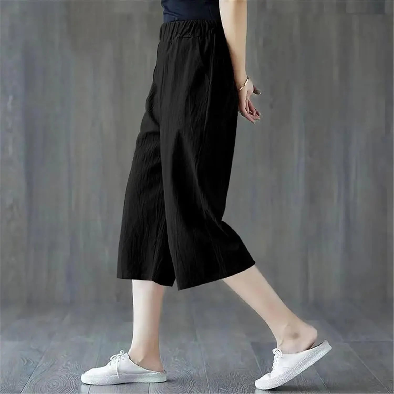 Women's Summer Oversized Cotton Linen Cropped Pants  Loose Fit Solid Color Casual Straight Trousers All-Match