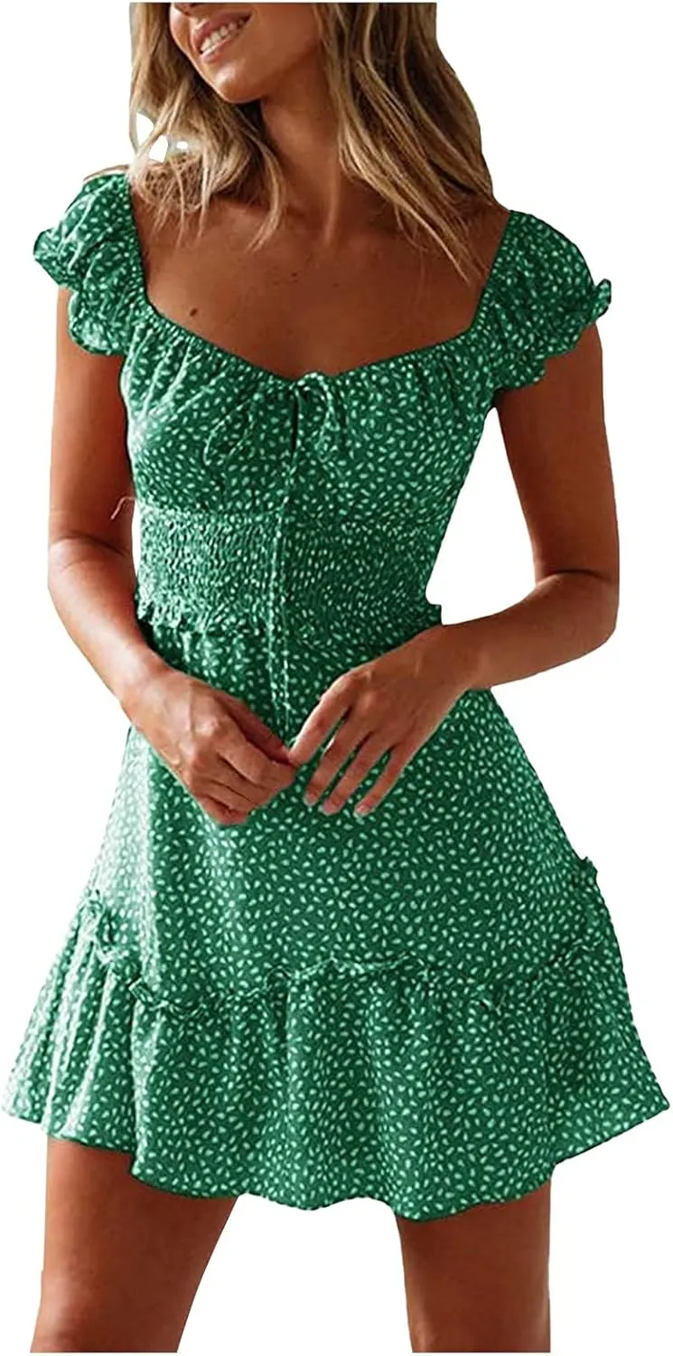 Womens Summer Sundress Casual Ruffle Sleeve Tie Front Mini Dress Sexy Short Dress Floral Boho Vacation Dresses