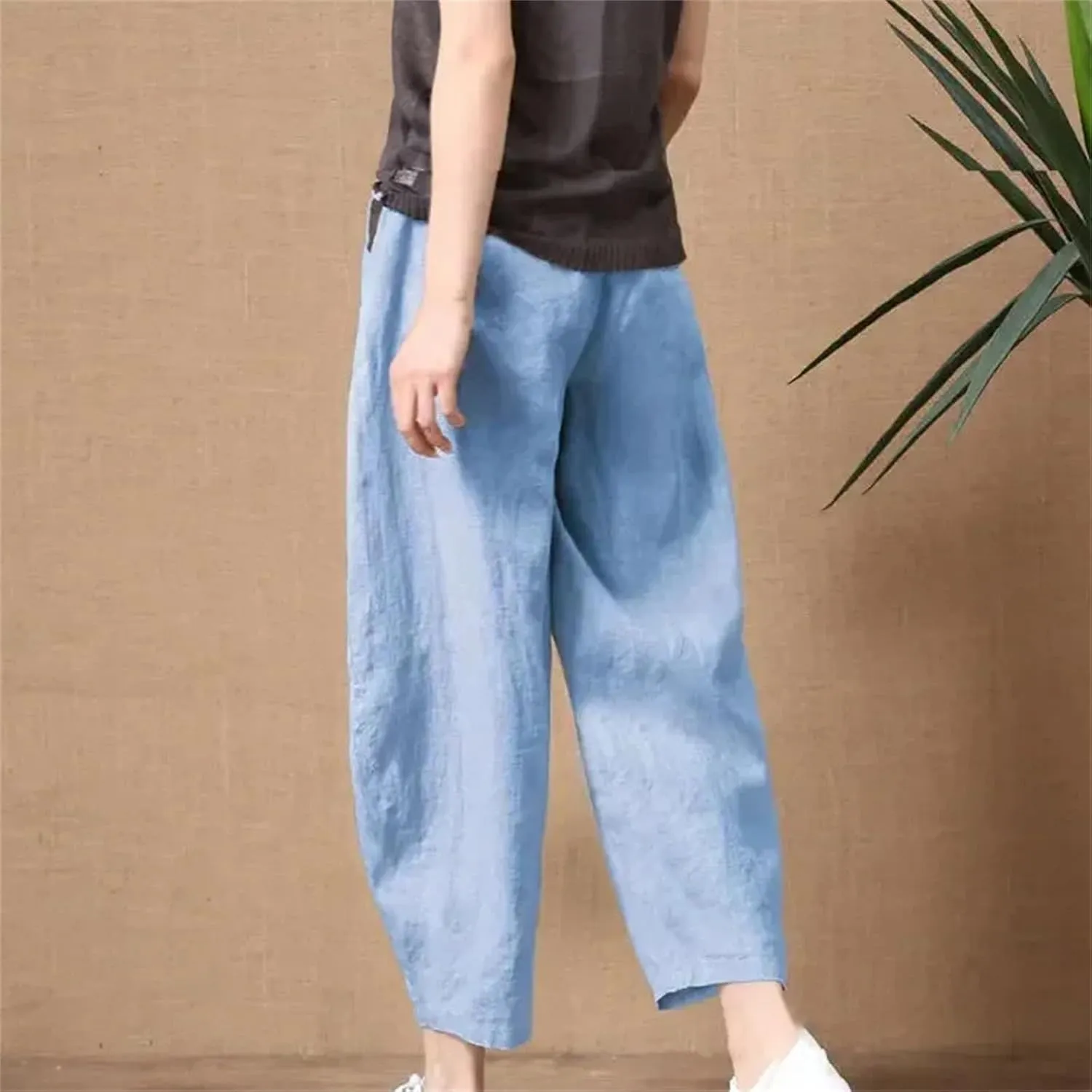 Women's Summer Wide Leg Pants  Thin Loose Fit Nine-Point Length Cotton Linen Middle Waist All-Match Casual Trousers