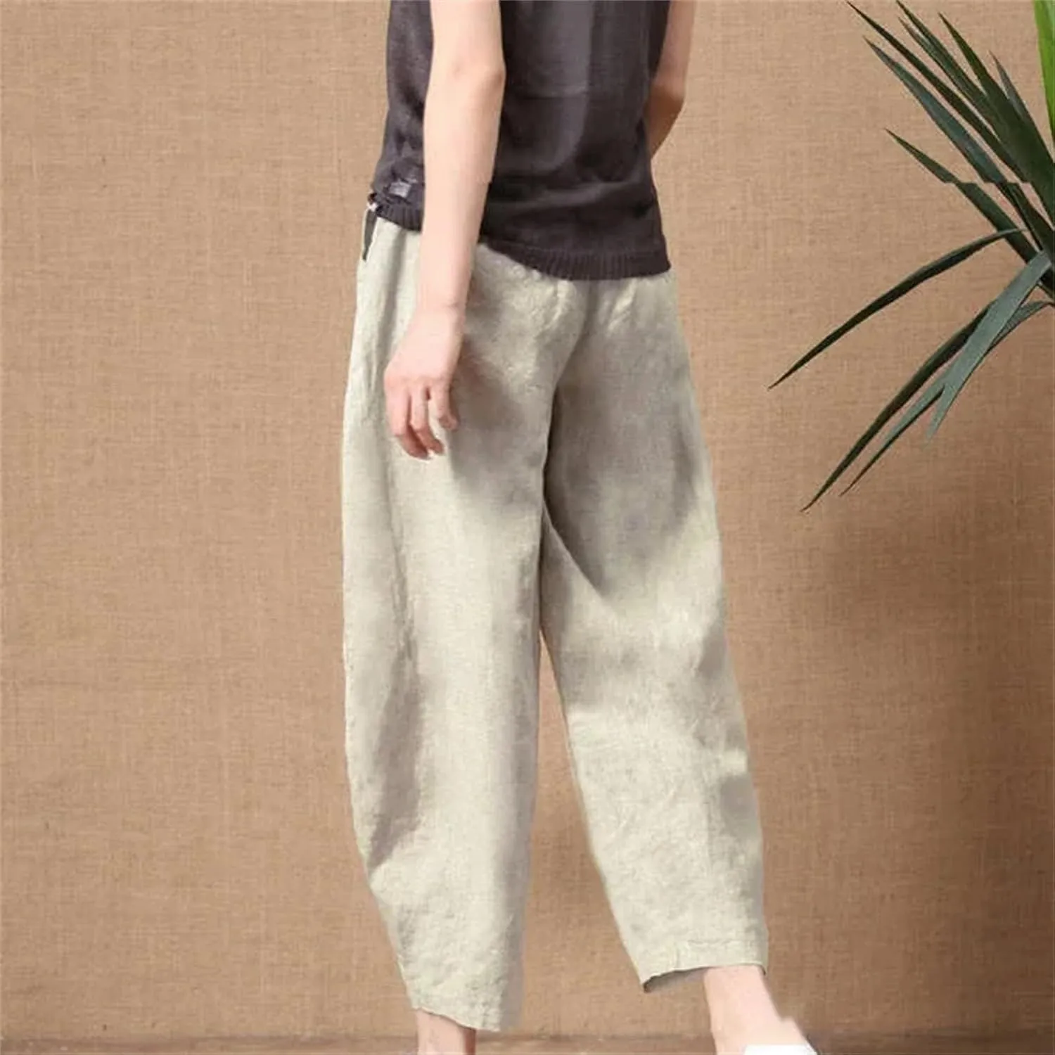 Women's Summer Wide Leg Pants  Thin Loose Fit Nine-Point Length Cotton Linen Middle Waist All-Match Casual Trousers
