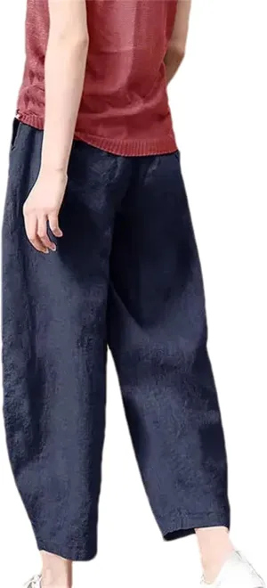 Women's Summer Wide Leg Pants  Thin Loose Fit Nine-Point Length Cotton Linen Middle Waist All-Match Casual Trousers