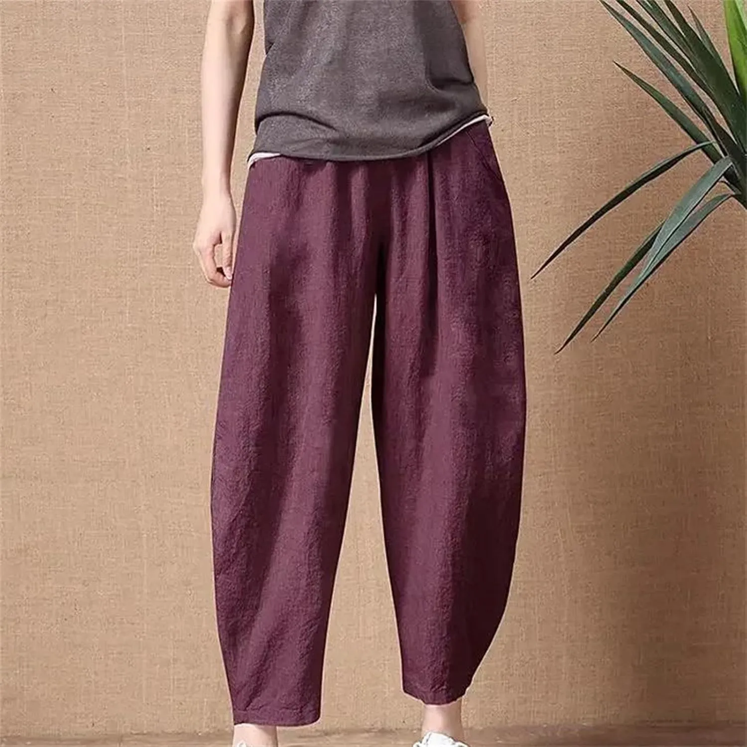 Women's Summer Wide Leg Pants  Thin Loose Fit Nine-Point Length Cotton Linen Middle Waist All-Match Casual Trousers