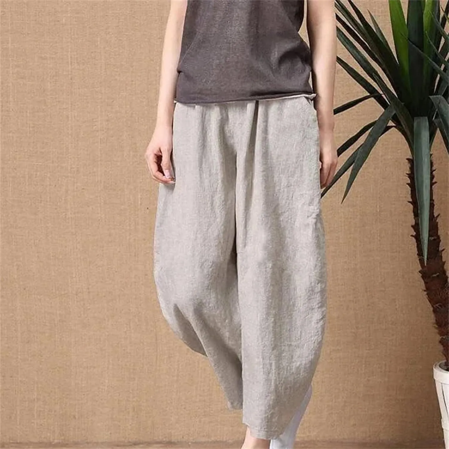 Women's Summer Wide Leg Pants  Thin Loose Fit Nine-Point Length Cotton Linen Middle Waist All-Match Casual Trousers