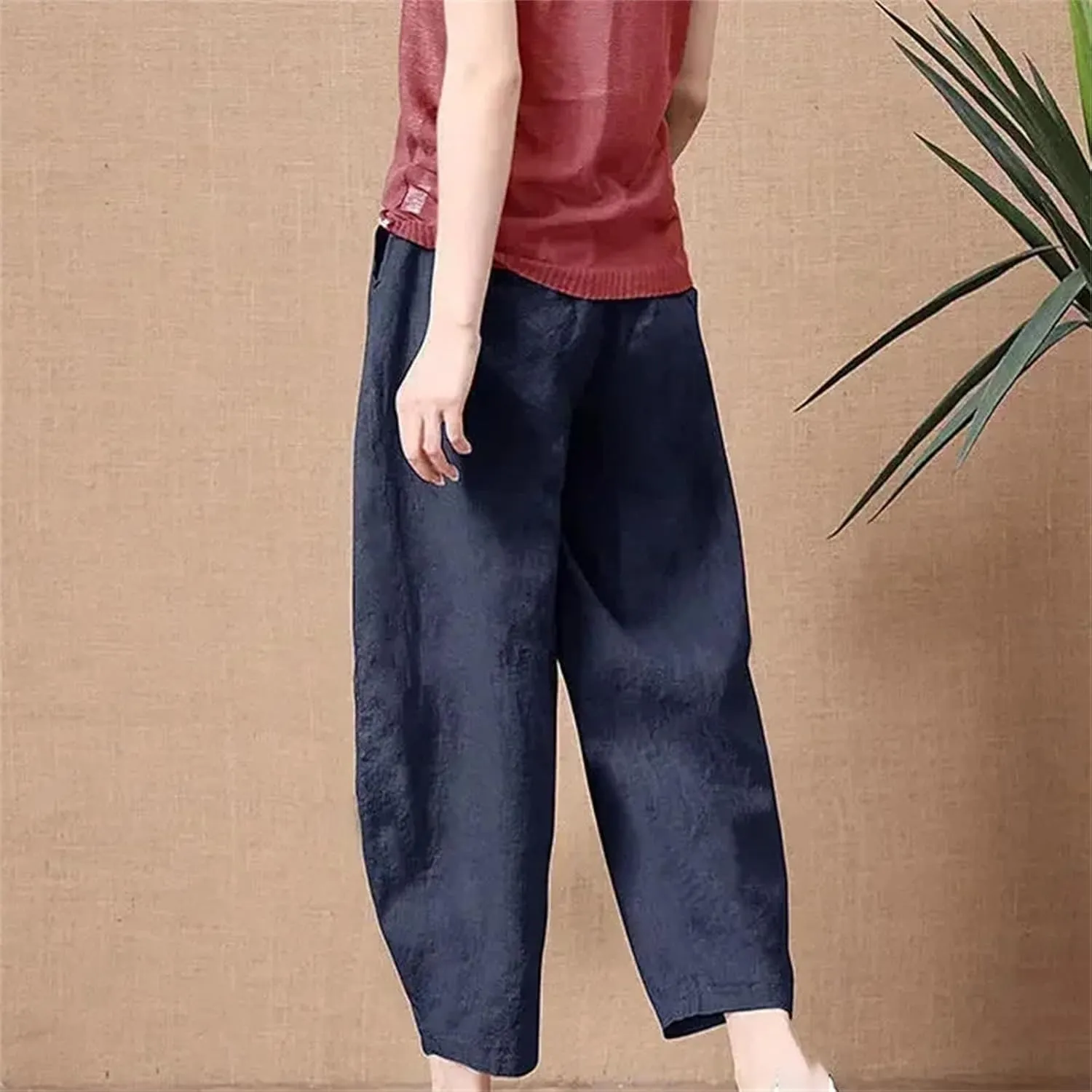 Women's Summer Wide Leg Pants  Thin Loose Fit Nine-Point Length Cotton Linen Middle Waist All-Match Casual Trousers