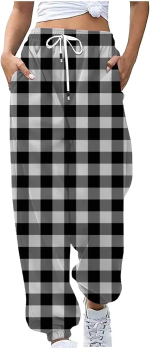 Womens Sweatpants Trendy Plaid Drawstring High Waist Active Workout Trousers Baggy Casaul Joggers Pants with Pockets