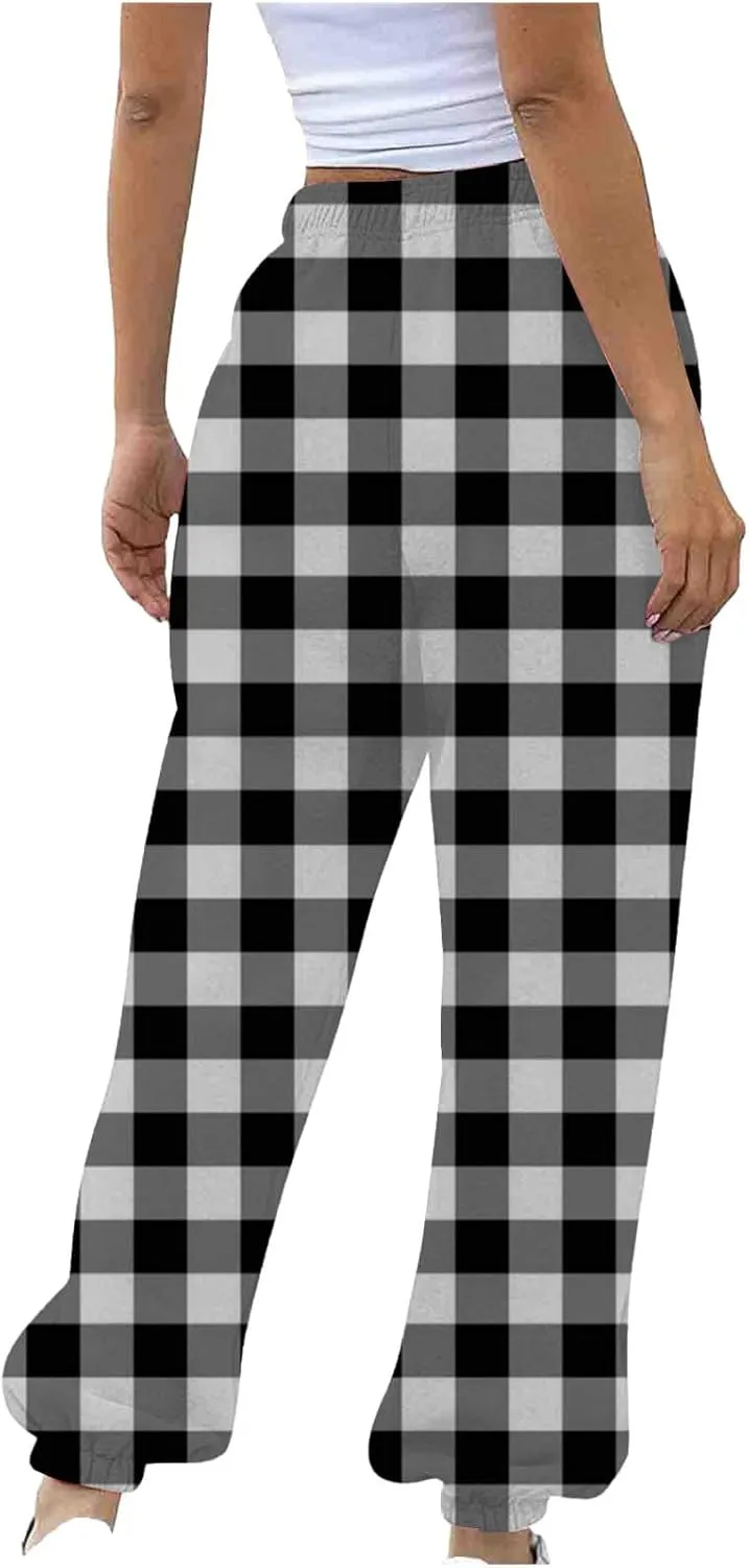 Womens Sweatpants Trendy Plaid Drawstring High Waist Active Workout Trousers Baggy Casaul Joggers Pants with Pockets