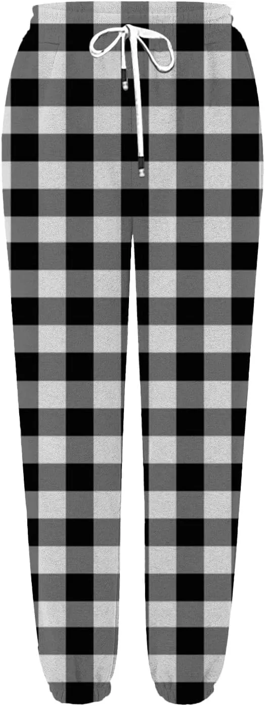 Womens Sweatpants Trendy Plaid Drawstring High Waist Active Workout Trousers Baggy Casaul Joggers Pants with Pockets