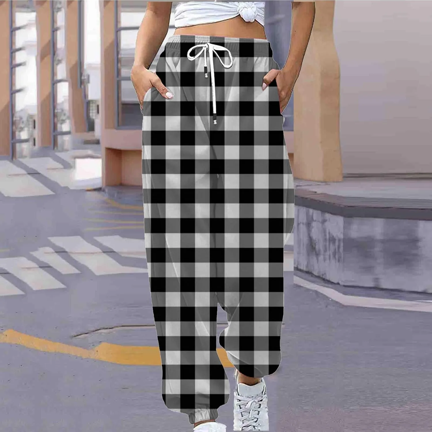 Womens Sweatpants Trendy Plaid Drawstring High Waist Active Workout Trousers Baggy Casaul Joggers Pants with Pockets