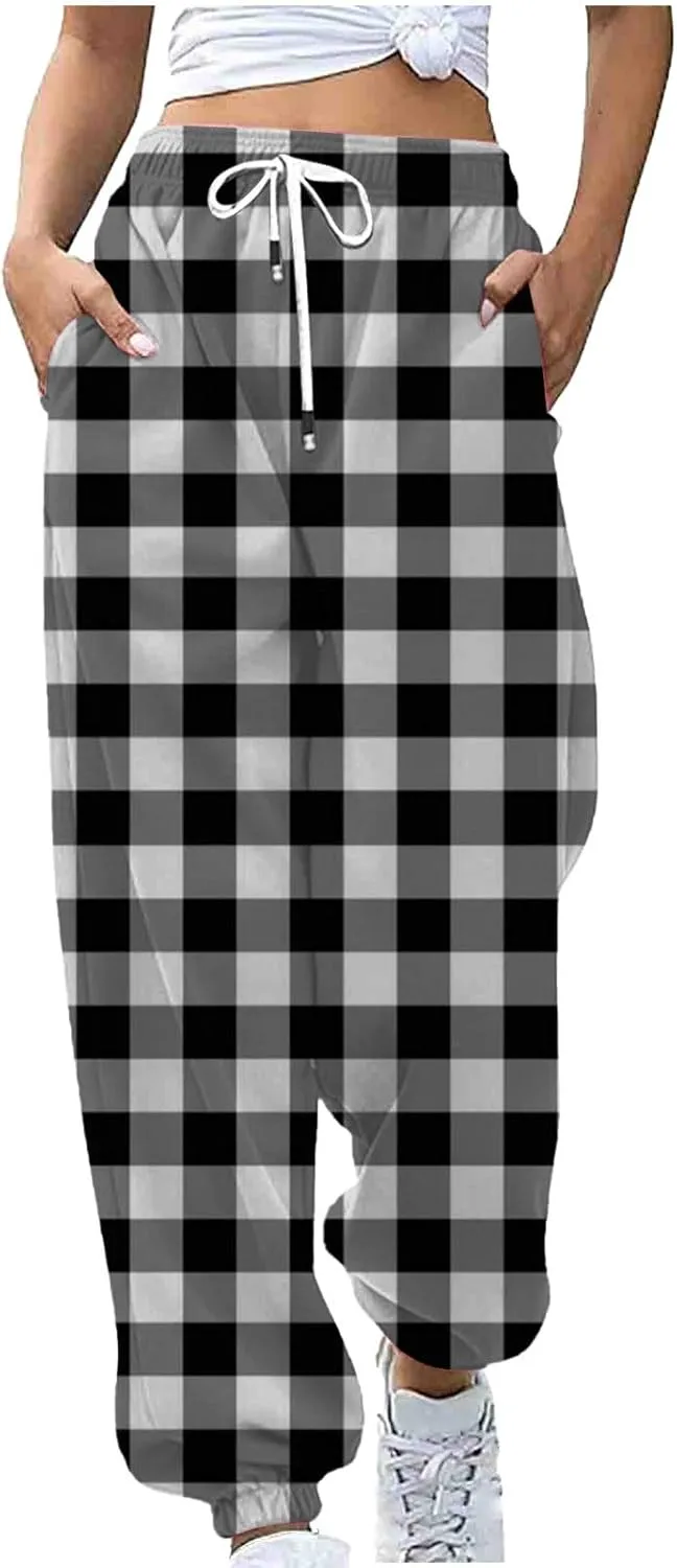 Womens Sweatpants Trendy Plaid Drawstring High Waist Active Workout Trousers Baggy Casaul Joggers Pants with Pockets