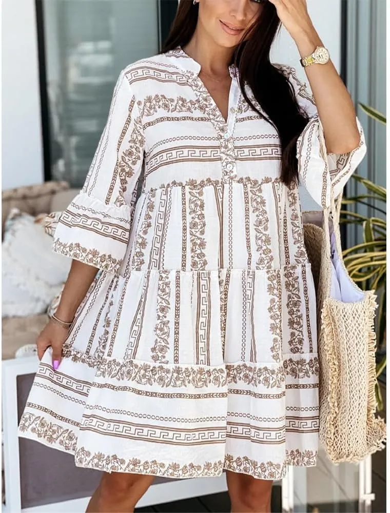 Womens Tiered Mini Dress V Neck 3/4 Sleeve Floral Print Dresses a Line Flowy Boho Dress 2024 Summer