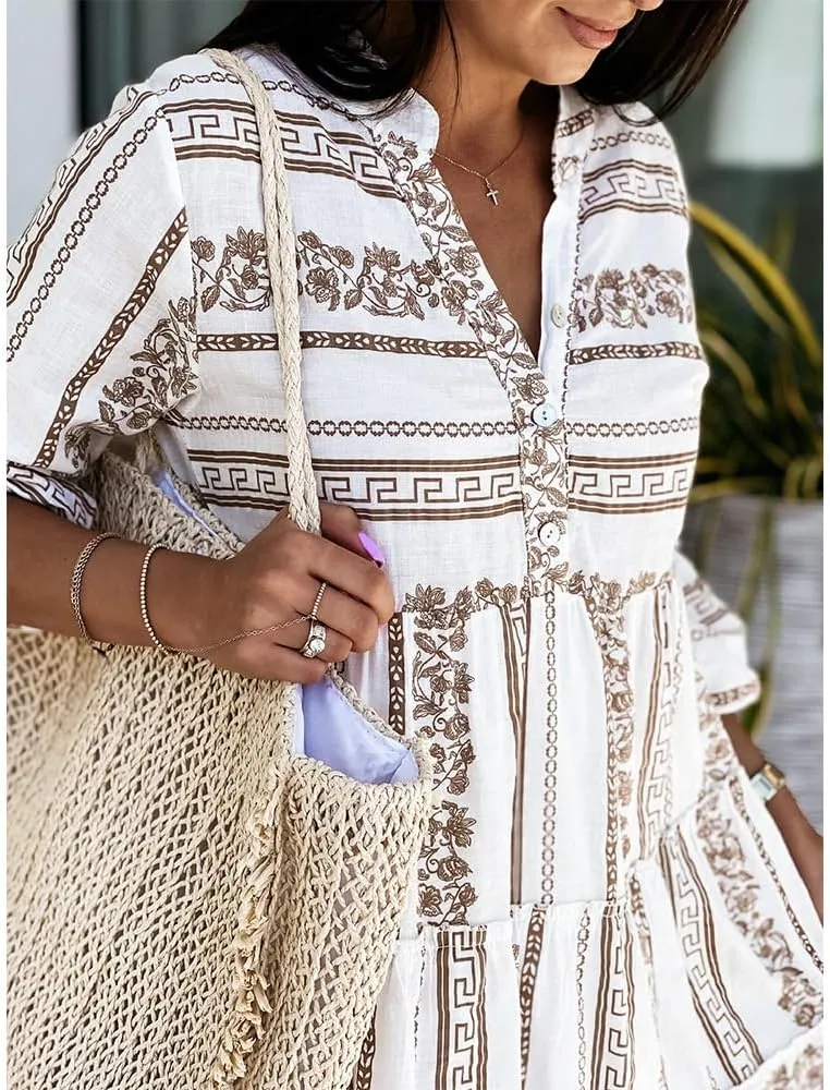 Womens Tiered Mini Dress V Neck 3/4 Sleeve Floral Print Dresses a Line Flowy Boho Dress 2024 Summer