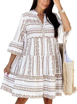 Womens Tiered Mini Dress V Neck 3/4 Sleeve Floral Print Dresses a Line Flowy Boho Dress 2024 Summer