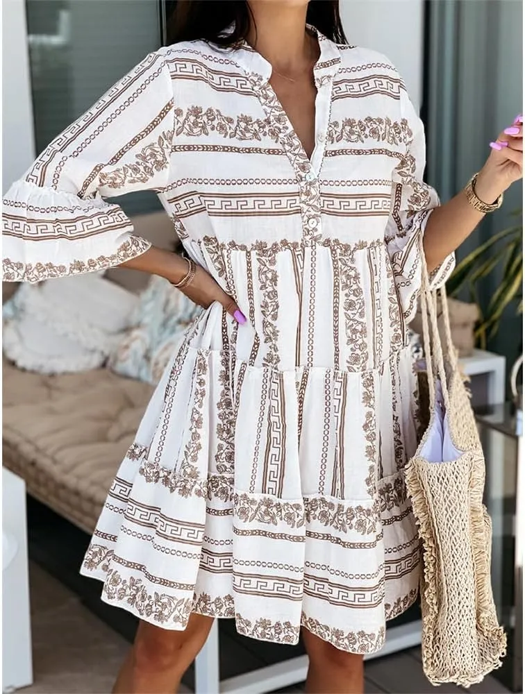 Womens Tiered Mini Dress V Neck 3/4 Sleeve Floral Print Dresses a Line Flowy Boho Dress 2024 Summer