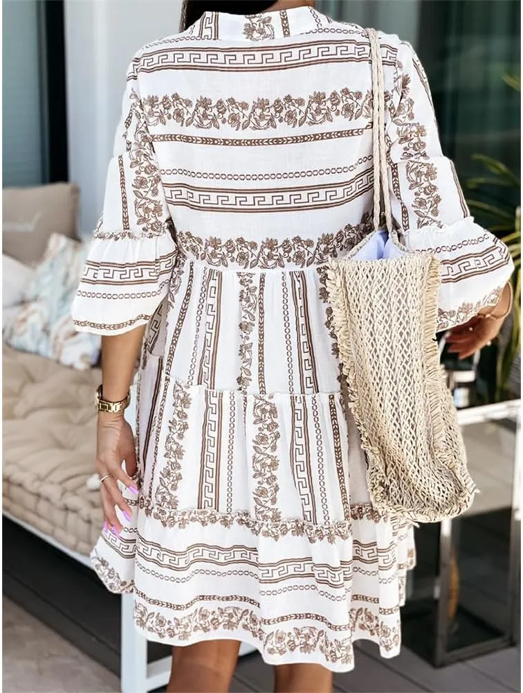 Womens Tiered Mini Dress V Neck 3/4 Sleeve Floral Print Dresses a Line Flowy Boho Dress 2024 Summer