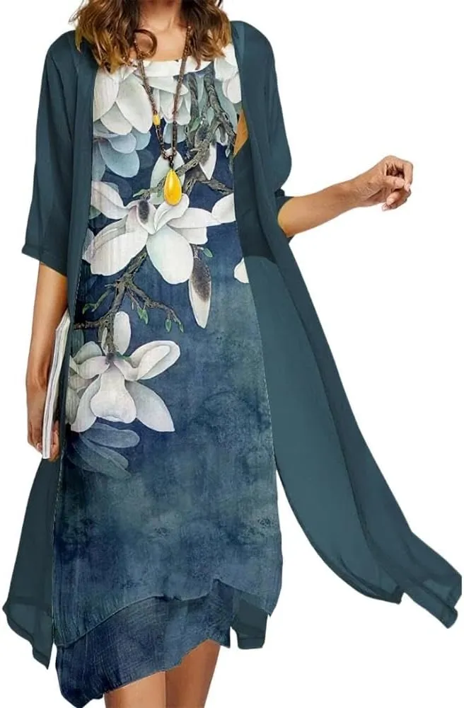Womens Two Piece Set Floral Print Sleeveless Dresses with Cardigan Chiffon Casual Loose Plus Size Wedding Guest Dress