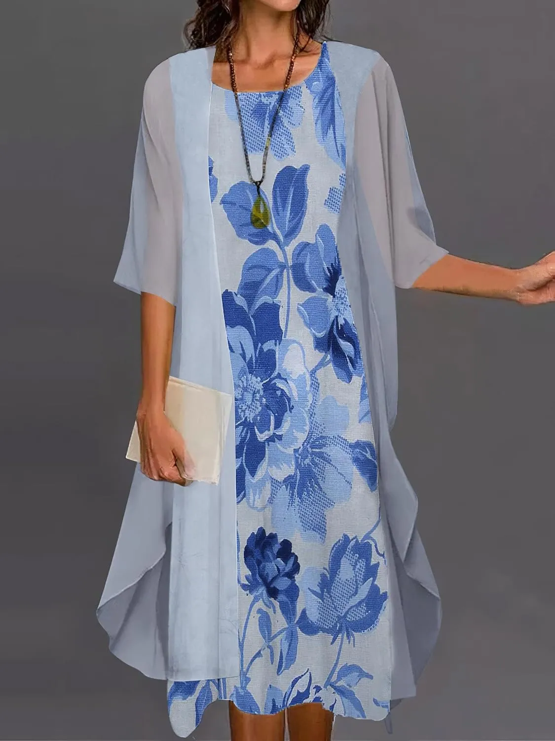 Womens Two Piece Set Floral Print Sleeveless Dresses with Cardigan Chiffon Casual Loose Plus Size Wedding Guest Dress