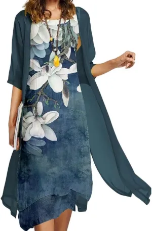 Womens Two Piece Set Floral Print Sleeveless Dresses with Cardigan Chiffon Casual Loose Plus Size Wedding Guest Dress