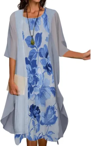 Womens Two Piece Set Floral Print Sleeveless Dresses with Cardigan Chiffon Casual Loose Plus Size Wedding Guest Dress