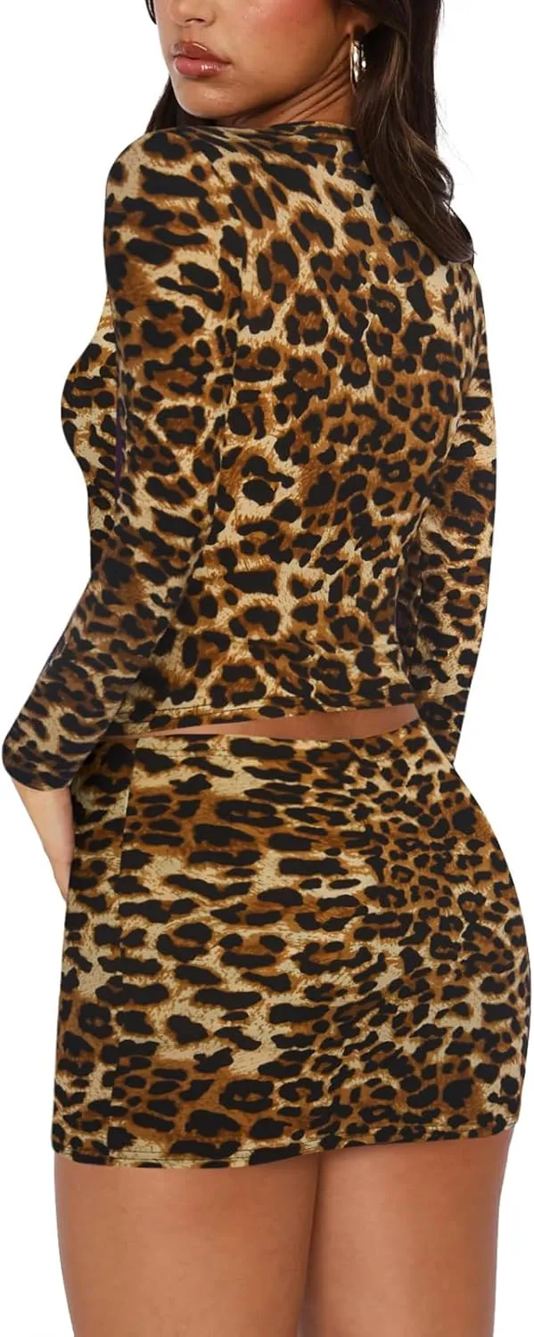 Women's Two Piece Skirt Sets - Long Sleeve Crop Tops and High Waisted Mini Y2K Bodycon Pencil Skorts Skirts with Shorts
