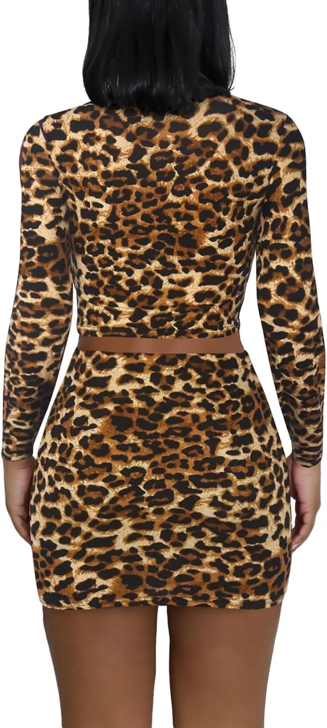 Women's Two Piece Skirt Sets - Long Sleeve Crop Tops and High Waisted Mini Y2K Bodycon Pencil Skorts Skirts with Shorts