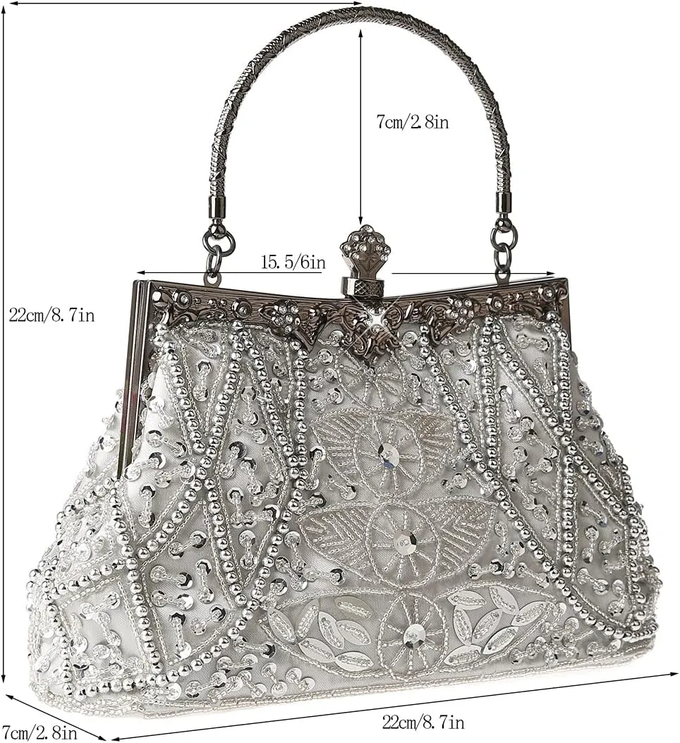 Womens Vintage Floral Beaded Rhinestone Embroidery Clutch Sequin Crossbody Bag Evening Handbag for Bridal Wedding Party Prom