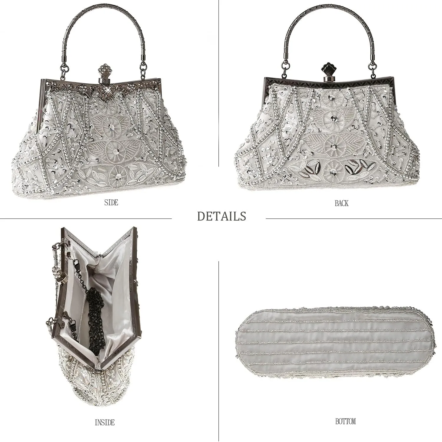 Womens Vintage Floral Beaded Rhinestone Embroidery Clutch Sequin Crossbody Bag Evening Handbag for Bridal Wedding Party Prom