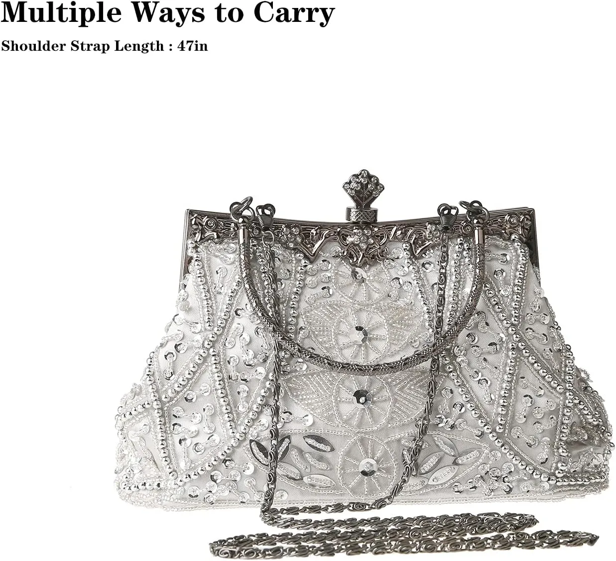 Womens Vintage Floral Beaded Rhinestone Embroidery Clutch Sequin Crossbody Bag Evening Handbag for Bridal Wedding Party Prom