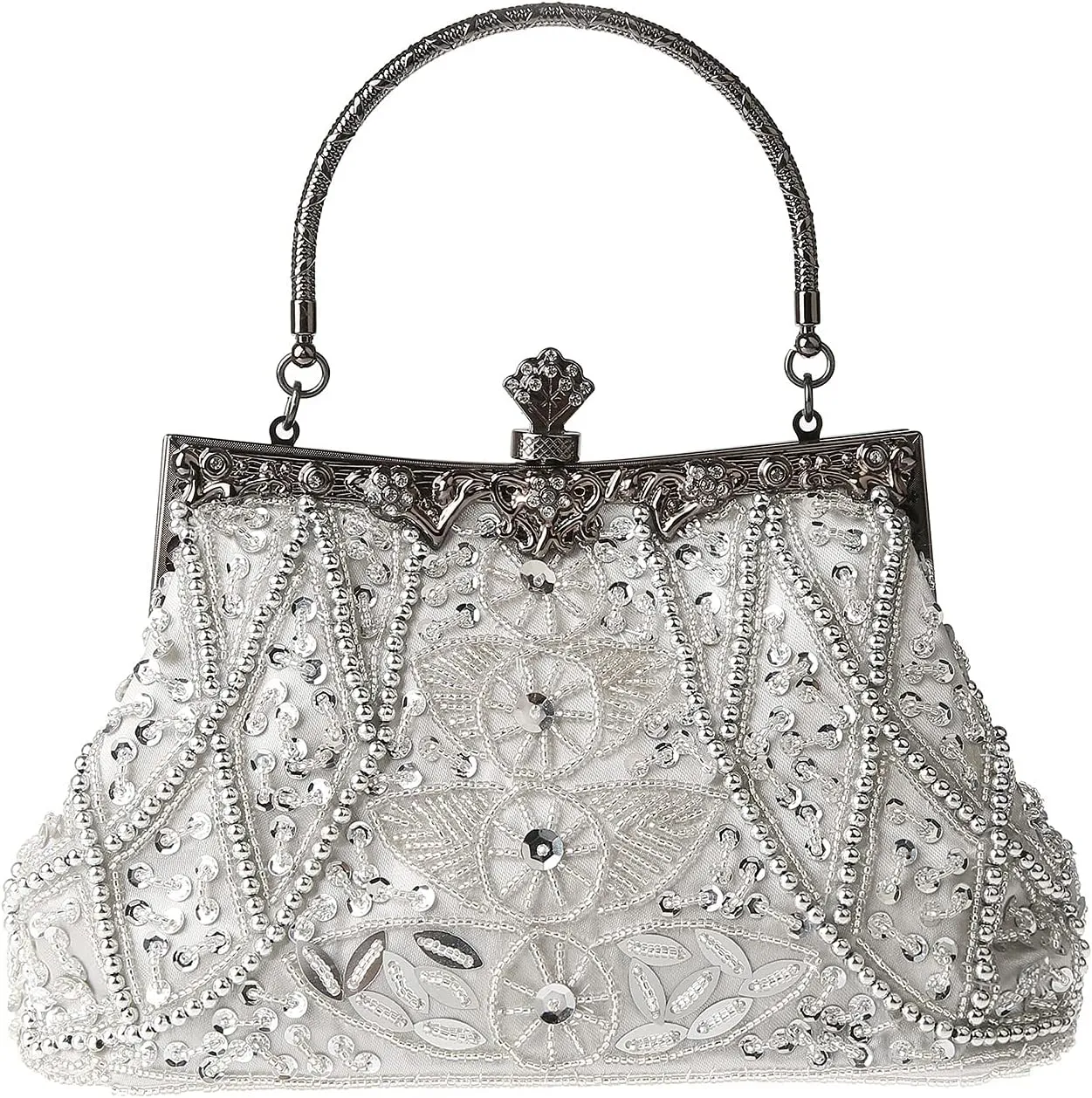 Womens Vintage Floral Beaded Rhinestone Embroidery Clutch Sequin Crossbody Bag Evening Handbag for Bridal Wedding Party Prom