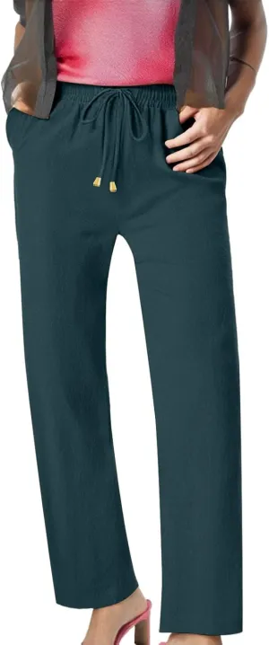 Women's Wide Leg Pants High Waisted Business Work Casual Linen Trousers 2025 Summer Comfy Palazzo Pants with Pockets