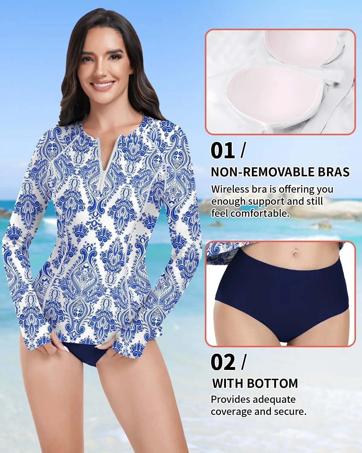 WOWENY 2 Piece Rash Guard Long Sleeve Swimsuits UPF 50  Sun Protection Swim Shirt Set Bathing Suit with Bottom