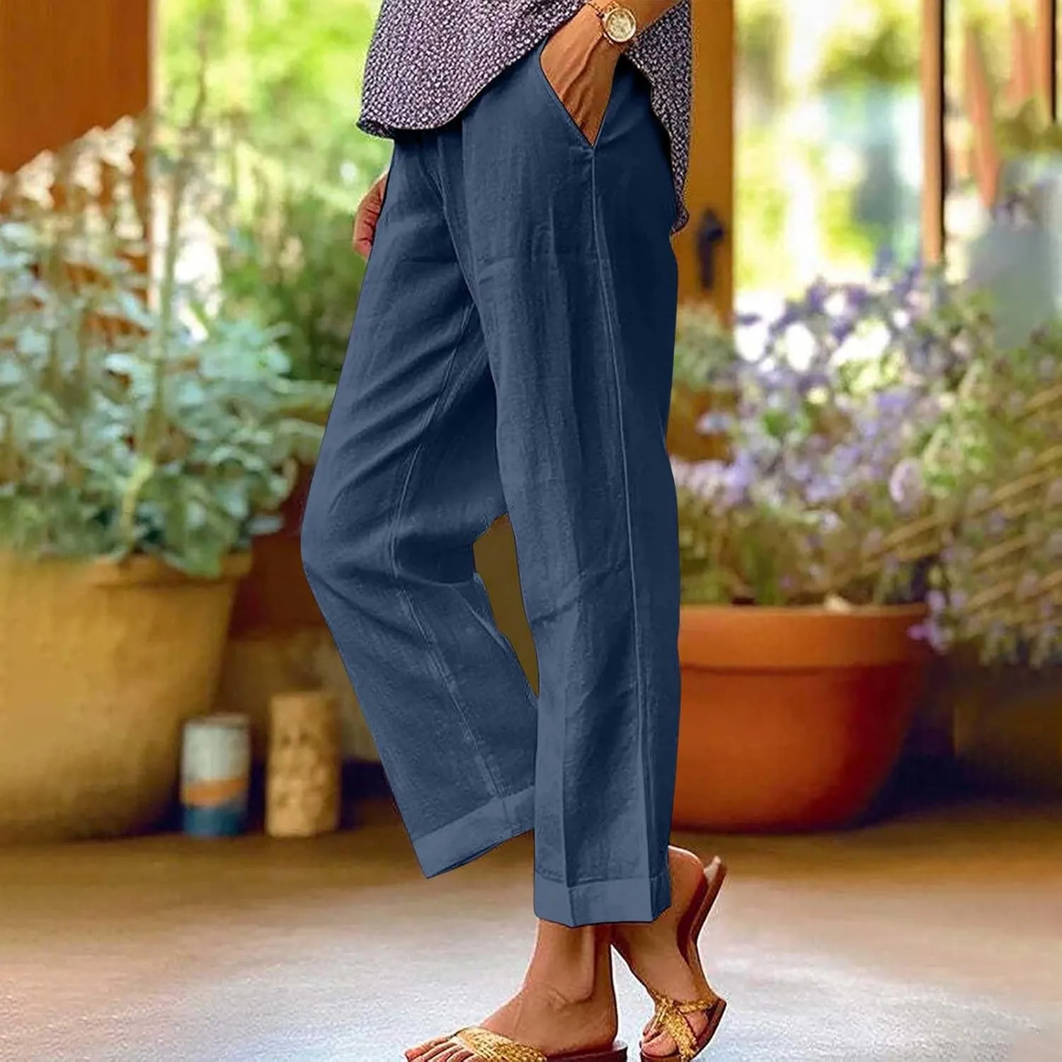 YRAETENM Linen Pants for Women Summer High Waist Elastic Straight Leg Lounge Pants Casual Loose Lightweight Beach Trousers