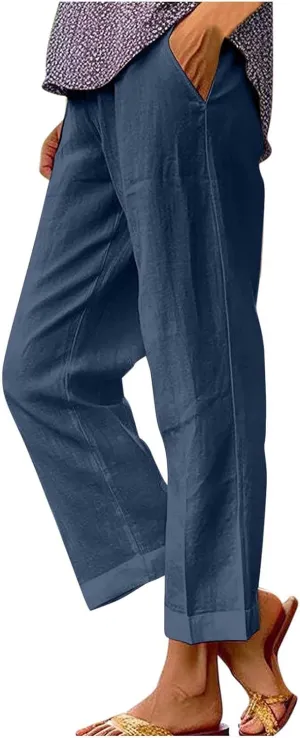 YRAETENM Linen Pants for Women Summer High Waist Elastic Straight Leg Lounge Pants Casual Loose Lightweight Beach Trousers
