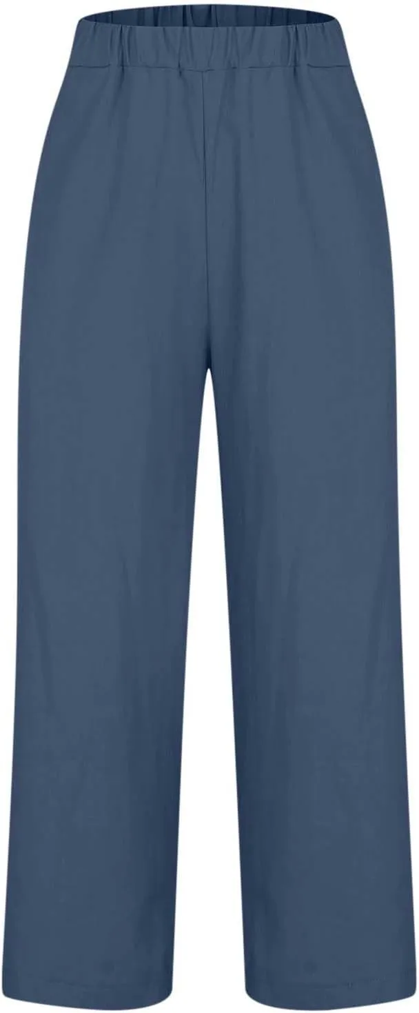 YRAETENM Linen Pants for Women Summer High Waist Elastic Straight Leg Lounge Pants Casual Loose Lightweight Beach Trousers