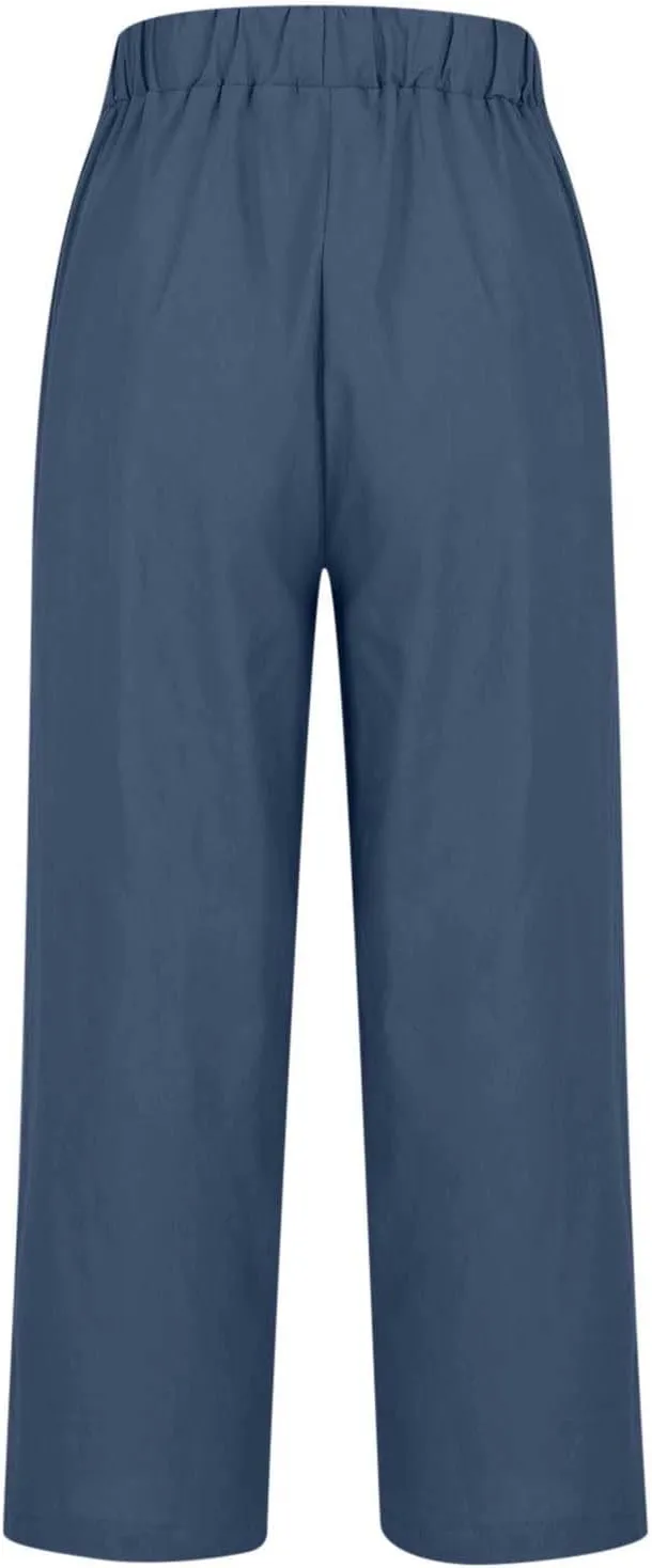 YRAETENM Linen Pants for Women Summer High Waist Elastic Straight Leg Lounge Pants Casual Loose Lightweight Beach Trousers