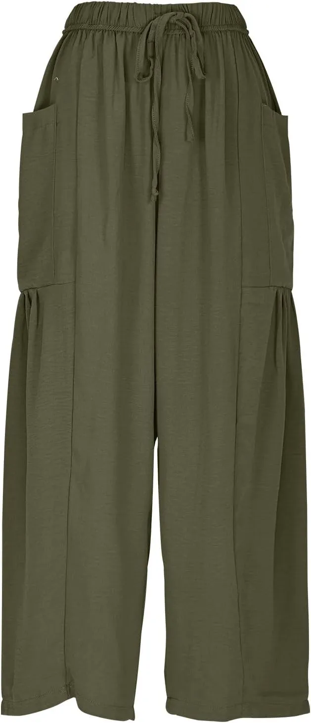YRAETENM Women Linen Baggy Harem Pants Summer Drawstring High Waist Wide Leg Pants Loose Flowy Casual Palazzo Lounge Trousers