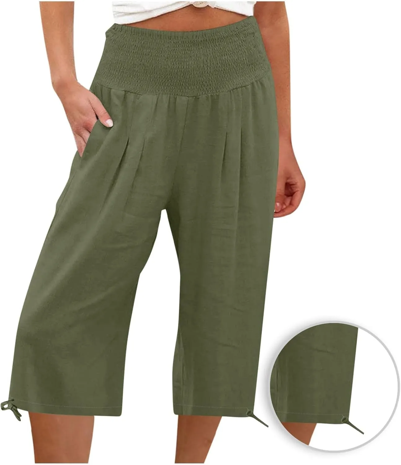 YRAETENM Women's Capri Pants Drawstring Elastic Waisted Cotton Linen Pants Loose Casual Wide Leg Capris Trousers with Pockets