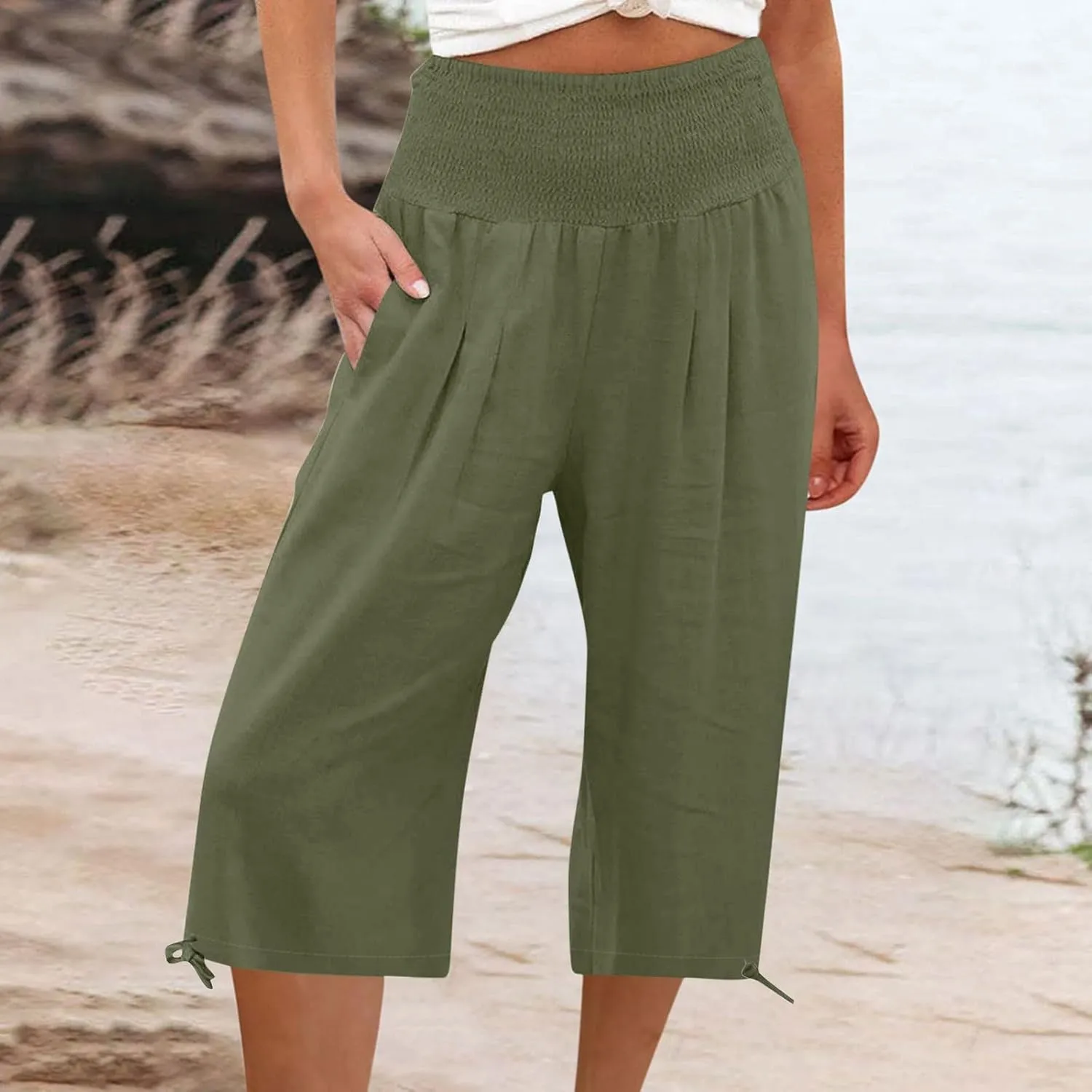 YRAETENM Women's Capri Pants Drawstring Elastic Waisted Cotton Linen Pants Loose Casual Wide Leg Capris Trousers with Pockets